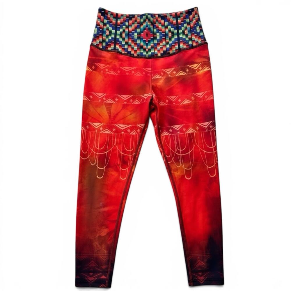 Onzie Hot Yoga Leggings Sz S/M Mid Rise Red Orange Geometrical Triangles Capri